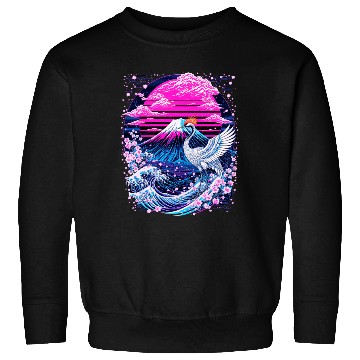 Discover Neon Sakura Crane & Mount Fuji Scene Sweatshirts