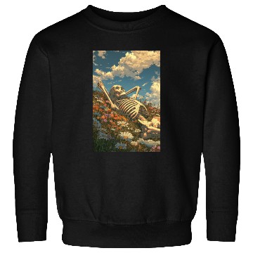 Discover Relaxing Skeleton in Flower Field Sweatshirts