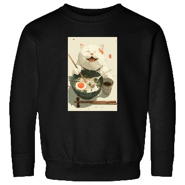 Discover Happy White Cat Eating Ramen Sweatshirts