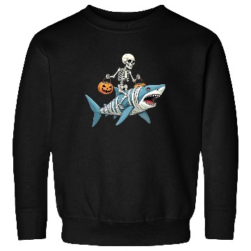 Discover Skeleton Riding Shark Mummy Funny Halloween Sweatshirts