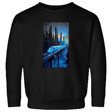 Discover Futuristic City Skyline with High-Speed Transit Sweatshirts