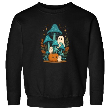 Discover Whimsical Ghost and Mushroom Halloween Scene Sweatshirts