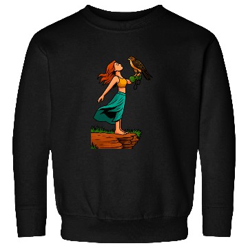 Discover Woman with Hawk on Arm in Nature Scene Sweatshirts