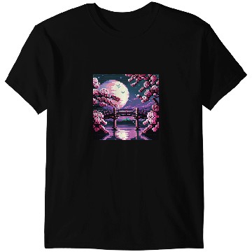 Discover 8 bit Retro Cherry Blossom Magic Riverside Bridge Moonlight T-Shirts
