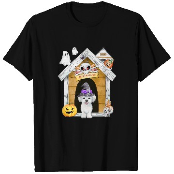 Discover Dog Maltese Halloween Maltese Dog Witch Haunted House T-Shirts