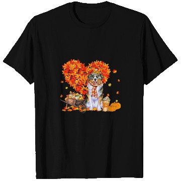 Discover Australian Shepherd Autumn Fall Leaves Pumpkin Dog Lover T-Shirts