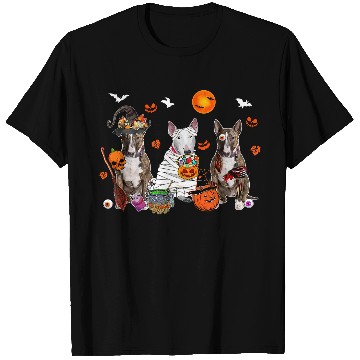 Discover Three Bull Terrier Dogs Witch Scary Mummy Halloween Zombie T-Shirts