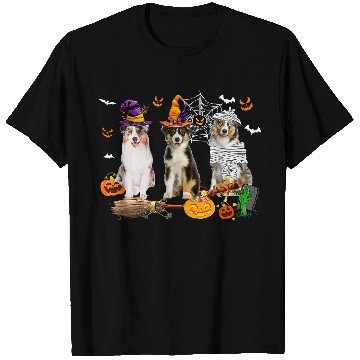 Discover Three Australian Shepherd Dogs Mummy Witch Scary Pumpkins T-Shirts