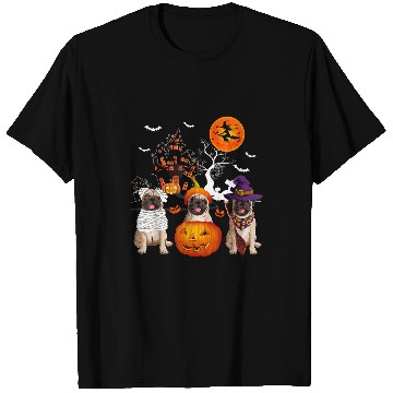 Discover Pug Lover Three Pugs Halloween Mummy Scary Witch With Pumpkins Lover 38 Pugs Dog T-Shirts