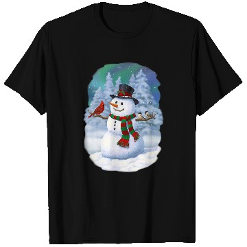 Discover Christmas Snowman Cardinal Bird Chickadees Winter Snow Scene T-Shirts
