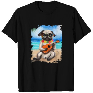 Discover Ukulele Lover Hawaiian Aloha Dog Pug Playing Ukulele Beach T-Shirts