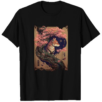 Discover vintages Cherry Blossom Japanese Fox Scroll Graphical Art T-Shirts