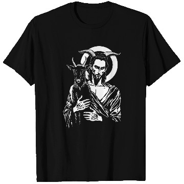 Discover Goats Lover Satanic Jesus Holding A Black Satanic Goat T-Shirts