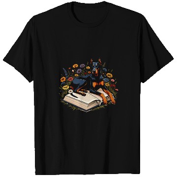 Discover Doberman Pet Reader Doberman Dog Puppy Lover Reading Book Floral T-Shirts