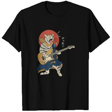 Discover Funny Guitar Cat Playing Guitar Ukiyoe Samurai Japanese Warrior T-Shirts