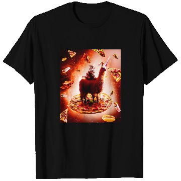 Discover Llama Pet Outer Space Cat Riding Llama Unicorns Pizza T-Shirts
