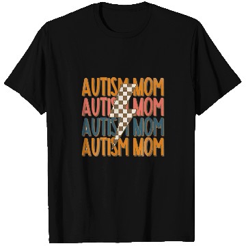 Discover Autism Puzzle Mom Lightning Bolt Checked Pattern T-Shirts