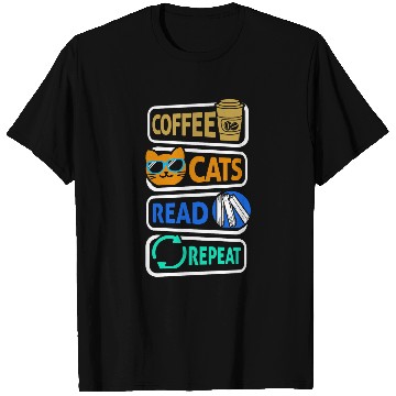 Discover Book Fun Reading Coffee Cats Read Repeat Book Reader Cat Owner T-Shirts