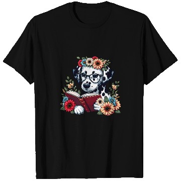 Discover Book Fun Funny Dalmatian Dog with flowers and read a book T-Shirts