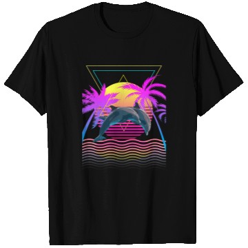 Discover Dolphin Pet Retro 1980s 1990s Dolphins Palm Trees Sunset Beach Art T-Shirts