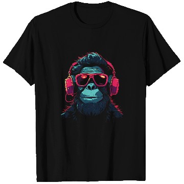 Discover Gorilla Pet Monkey Gorilla listening to music with Headphones Sunglass T-Shirts