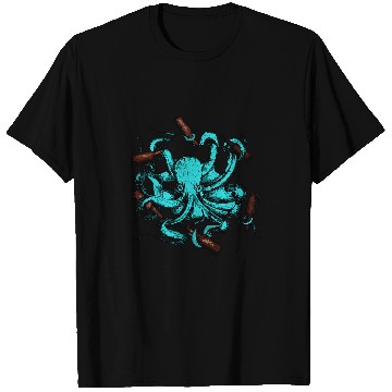 Discover Octopus Pet Angry Blue Octopus Holding Glass Bottles Funky Beer Drinking T-Shirts