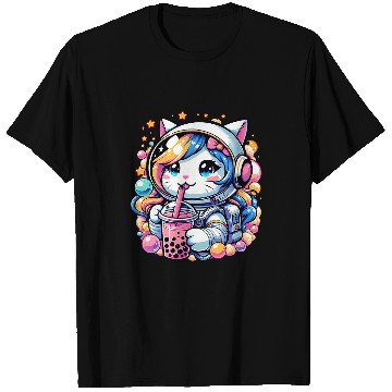 Discover Anime Cute Astronaut Cat In Space Drinking Bubble Boba Tea T-Shirts