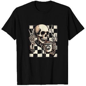Discover Coffee Fun Skeletons Drinking Coffee Peace Sign Coffee Checkerboard T-Shirts