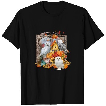Discover Owl Pet Nest Box With Pumpkin Maple Leaves In Autumn Season T-Shirts