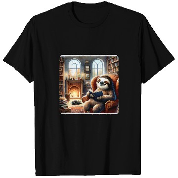 Discover Sloth Pet Reading In A Cozy Library With A Cat Fireplace Books T-Shirts