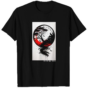 Discover Japanese Tree Red Moon With Birds Flying in background Graph 2 T-Shirts