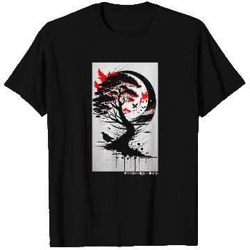 Discover Japanese Tree Red Moon With Birds Flying in background Graph T-Shirts