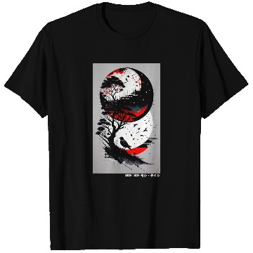 Discover Japanese Tree Red Moon With Birds Flying in background Graph 1 T-Shirts
