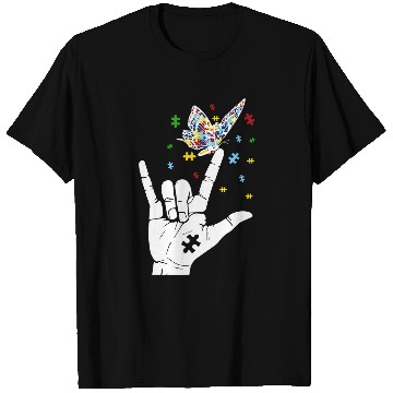 Discover Autism Awareness I Love You Hand Sign Language Butterfly T-Shirts