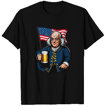 Discover Beer Fun Benjamin Franklin With Beer Mug American Flag T-Shirts