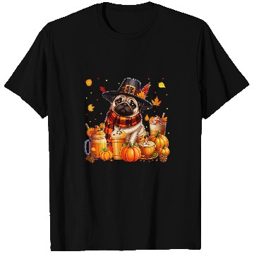Discover Coffee Fun Pug Thanksgiving Drinks Coffee Fall Leaves Pumpkins T-Shirts