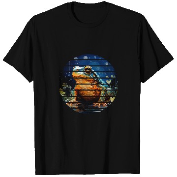 Discover Retro circle green frog blue starry night sky pond anime art T-Shirts