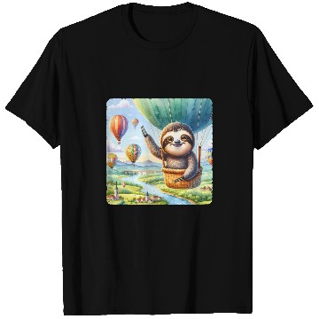 Discover Sloth Pet Piloting A Balloon Sky Landscape Adventure T-Shirts