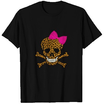 Discover Chic Leopard Print Pirate Skull And Crossbones Pink Bow T-Shirts