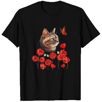 Discover Cat Kitten Butterfly Poppies Flower Spring Lover T-Shirts