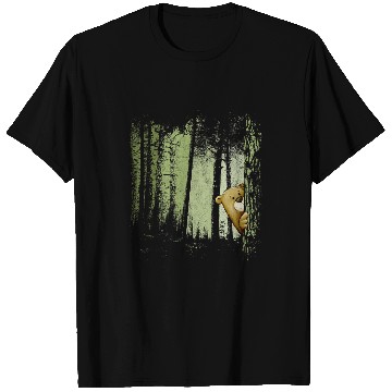 Discover Funny Cute Cartoon Bear Hiding In Twilight Forest Outdoor T-Shirts