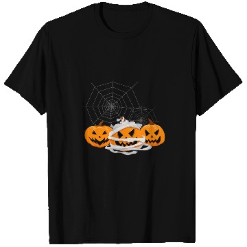 Discover Three Halloween Pumpkins Jack O Lantern Faces Spider Web T-Shirts