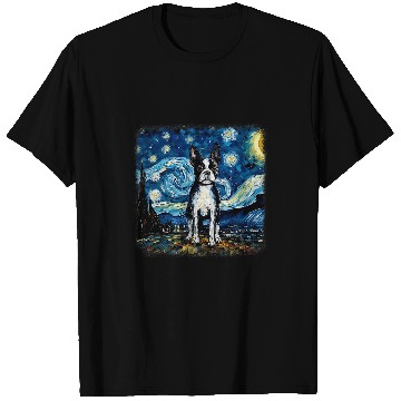 Discover Dog in starry night van gogh Boston Terrier T-Shirts