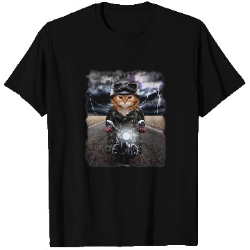 Discover Fluffy Orange Cat on Motorcycle Cruise Down Highway 21 T-Shirts
