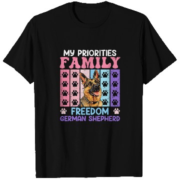 Discover German Shepherd MY PRIORITIES FAMILY FREEDOM Women T-Shirts