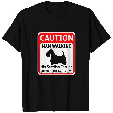 Discover Scottish Terrier Caution Man walking his... T-Shirts
