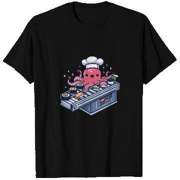 Discover Kawaii Octopuss Chef Serving Up Conveyor Belt Sushi T-Shirts