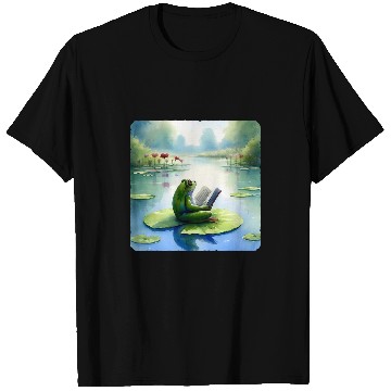 Discover Frog Reading Philosophy Book On Water Lily Pond Mirrored T-Shirts