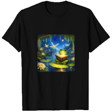 Discover Frog Reading Fairy Tale Book With Fireflies Magical Pond T-Shirts