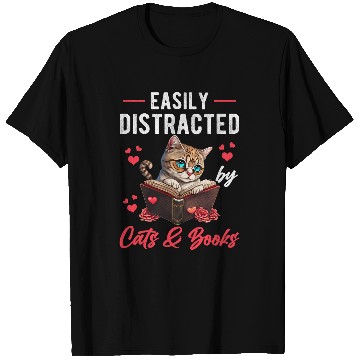 Discover Easily Distracted by Cats and Books Cat Book Lover Funny T-Shirts